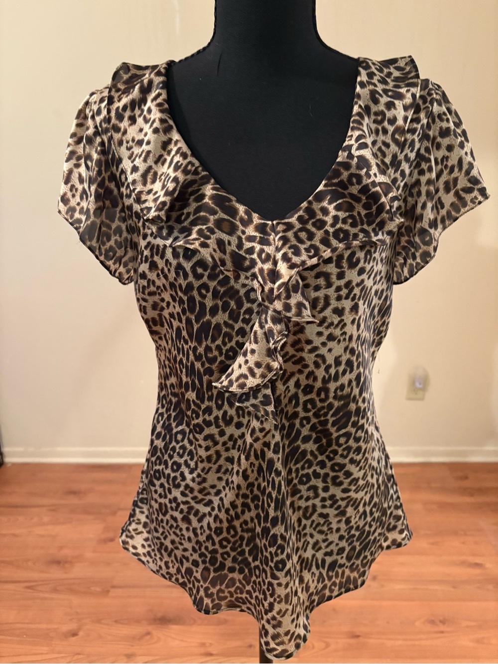 Sunny Leigh Leopard-Print Ruffle V-Neck Top in Brown and Black
